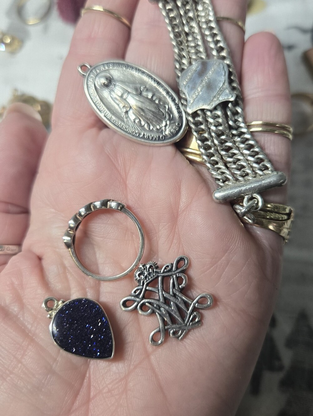 Sterling Silver Religious Medal, Chain Bracelet and Navy Teardrop Pendant Set